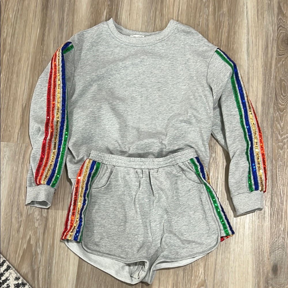 Gray Sweatshirt and Shorts Set with Sequin Rainbow Stripes